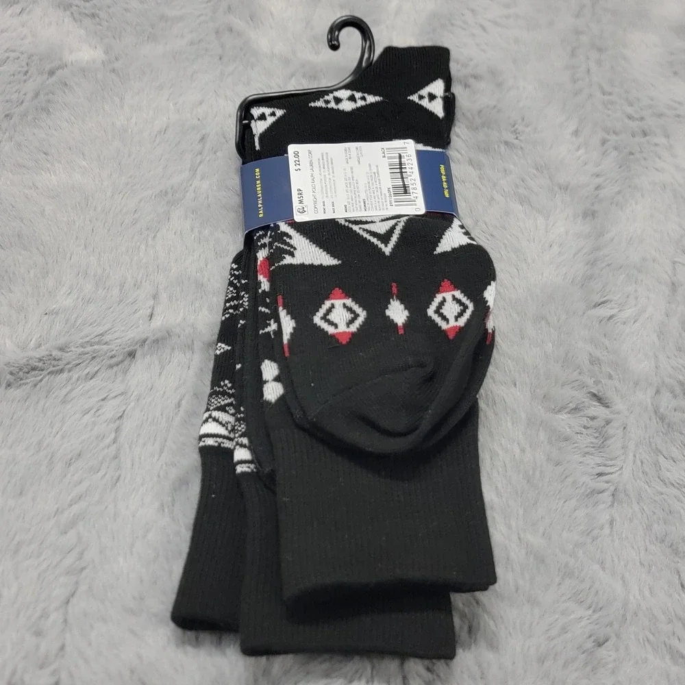 Polo Ralph Lauren Socks Mens 10-13 Black Fair Isle Snowflake‎ 2 Pack Mid Calf